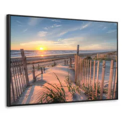 LEINWAND Bilder mit Rahmen - Strand - Meer - Düne - Sonnenuntergang - Landschaft - 90x60