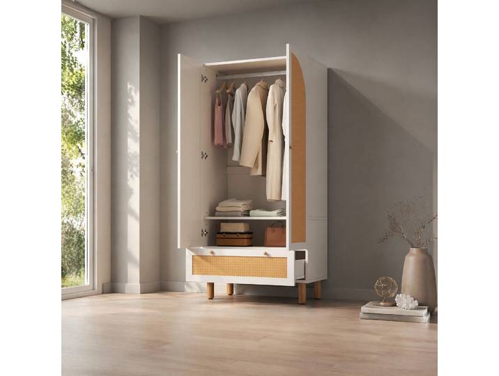 Meubliv Armoire 180x85x52 Cm Blanc – 2 Portes Rattan\, Grand Tiroir\, Style Campagne