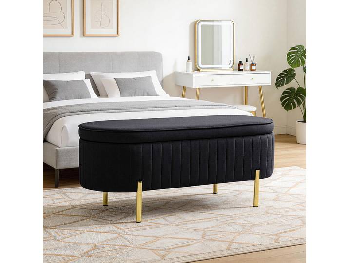 HOMCOM Banc Ovale 72L Velours Noir Assise Rembourrée Coffre