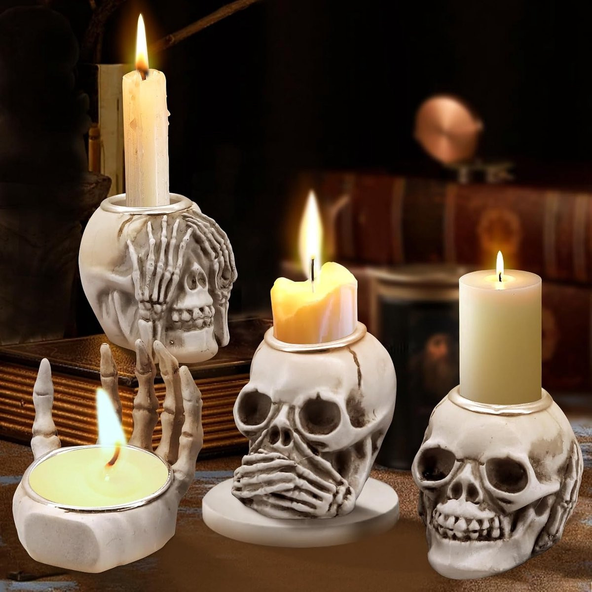 Cheuryae Set van 4 Schedel Kandelaars voor Halloween Decoratie en Tealights
