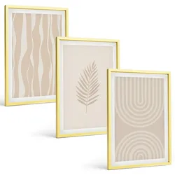 BILDER SET 3er Set - 40x60 cm Goldrahmen - Beige Pflanzenmuster