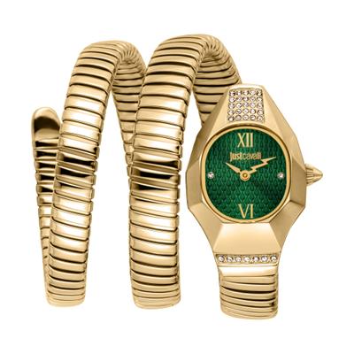 Quarzuhr JUST CAVALLI TIME "Signature Snake", gold (goldfarben, grün, dunkelgrün), Armbanduhren, Damen, goldfarben, Quarzuhr, Armbanduhr, Damenuhr, Edelstahlarmband, analog, Kristallsteine