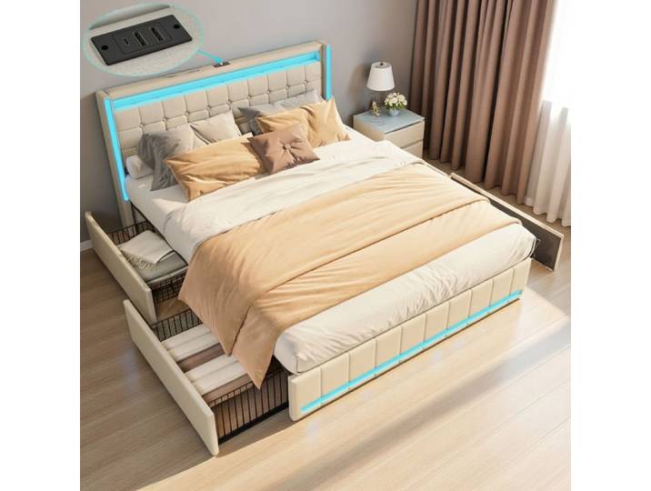 Lit Adulte 160x200 avec LED et USB Lit Rembourré avec 4 Tiroirs Lit Queen avec Sommier à Lattes et Tête Beige Lin sans Matelas