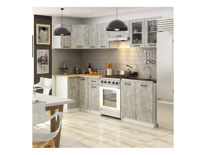 Raumhirsch Furniture Küchenzeile mit Arbeitsplatte Modulare 9-teiliges Küchenmöbel Set Eckküche 300 cm, Modernes Design mit hochwertiger Verarbeitung in Weiß/Betonlook