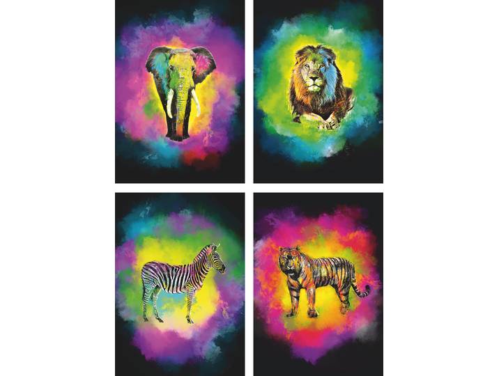 Poster ARTLAND Farbexplosion Elefant Löwe Zebra Tiger , bunt (farbe bild(er): bunt), B:29,7cm H:42cm, Bilder, Poster, Bilder Set, 4tlg., ohne Rahmen
