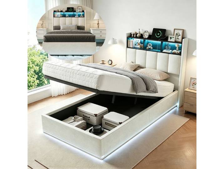 Lit 1 Personne Rembourré 90x200 avec Sommier UTTQEW Lit Coffre avec LED et USB Lit Une Place Tête de Lit Rangement Velours Beige