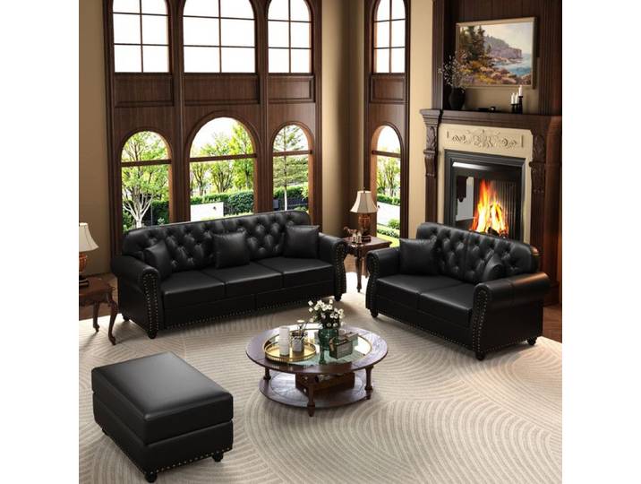 Ensemble canape avec pouf repose pied 5 places Chesterfield simili cuir noir