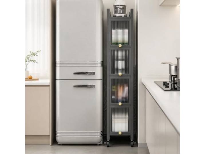 LJWFZBD Küchenschrank mit Klapptüren, 5-Ebenen Vorratsschrank auf Rollen Metall-Küchenregal, Moderne Aufbewahrung, Platzsparend, Mobil Oder Stabil(25cmW*40cmD*145cmH)