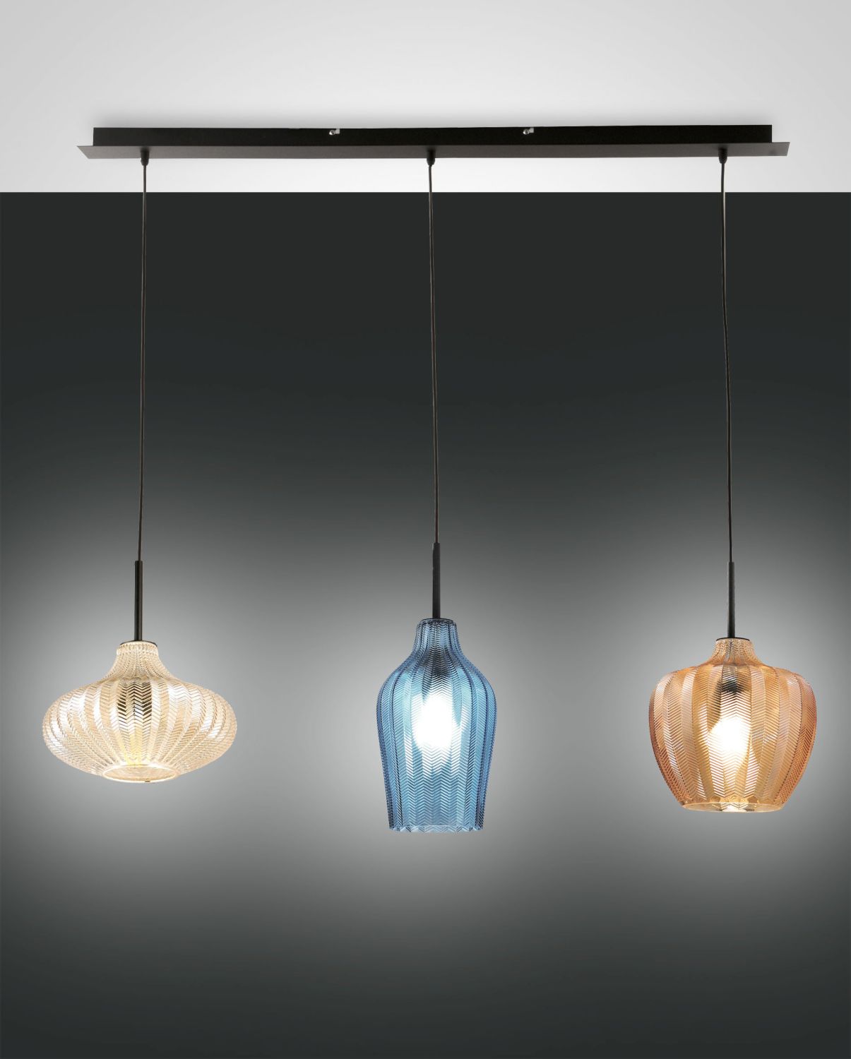 Fabas Luce 3er-Pendelleuchte OLBIA Amber/Champagner/Azurblau (Balken) 3725-48-363 8019282541035