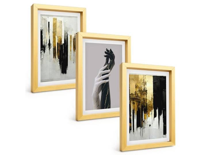 BILDER SET 3er Set - 20x30 cm Goldrahmen - Abstrakte handgemalte Muster