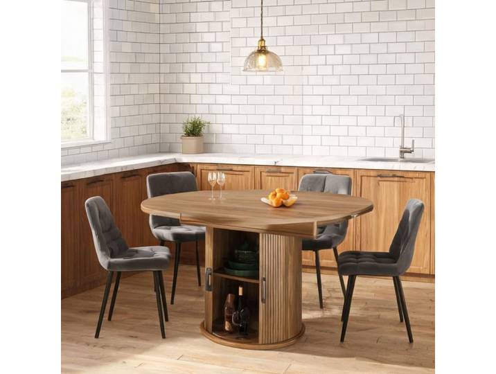 Table ronde en MDF extensible 118-158 cm finition noyer design vintage capacité 6 personnes