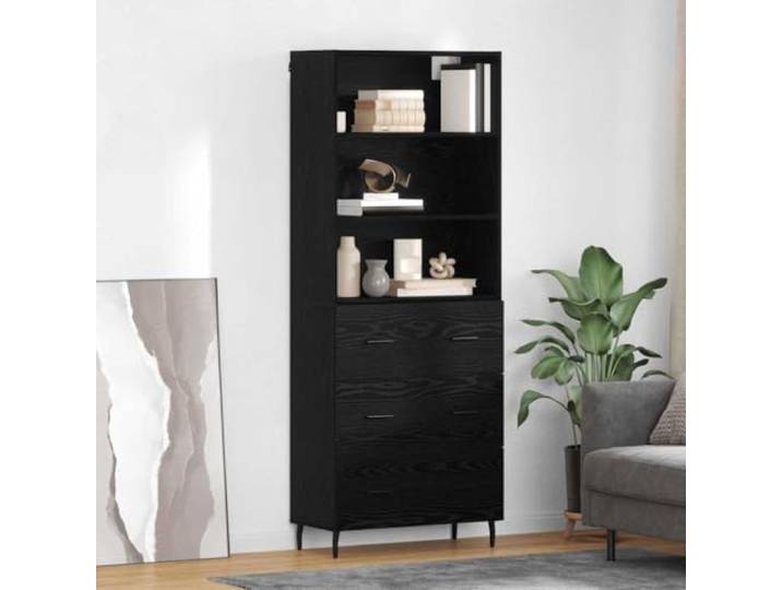 Elegantes Highboard mit Wandhalterung, Stilvolles Highboard mit Aufbewahrungsfächern, Schwarzes fürs Wohnzimmer, aus Holzwerkstoff mit glatter Oberfläche, Artisan-Eiche
