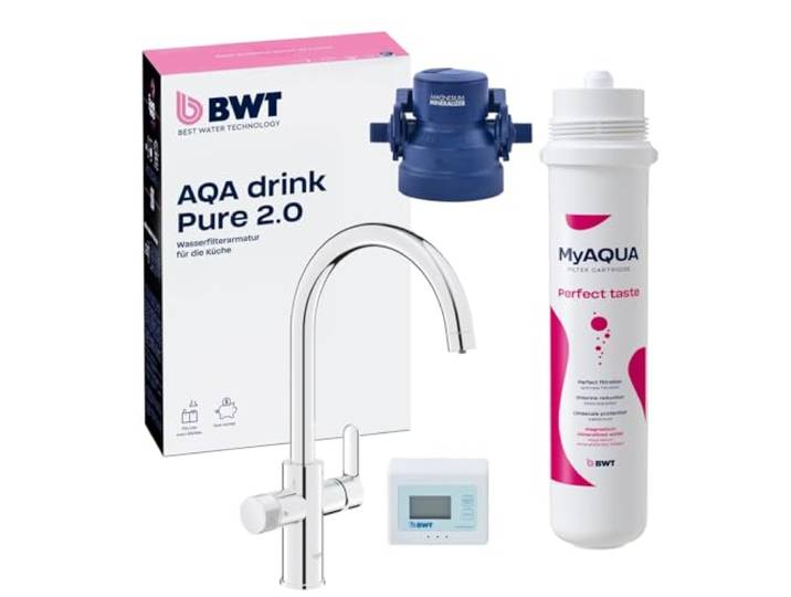 BWT AQA drink Pure 2.0 Wasserfilter Wasserhahn Untertisch System inkl. Filterkartusche Perfect Taste (Mineralizer), filtert Chlor, Mineralisierung mit Magnesium, inkl. Armatur