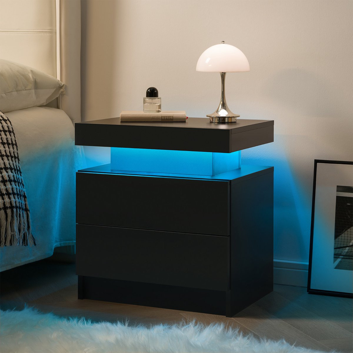 OKWISH Nachtkastje met LED-verlichting en 2 lades, zwart