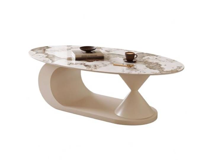 Couchtisch Oval Aus Sinterstein mit Asymmetrischem Metallgestell,Italienischer Minimalismus,Abgerundete Tischkanten,für Das Wohnzimmer,Verschiedene Oberflächen C,100CM