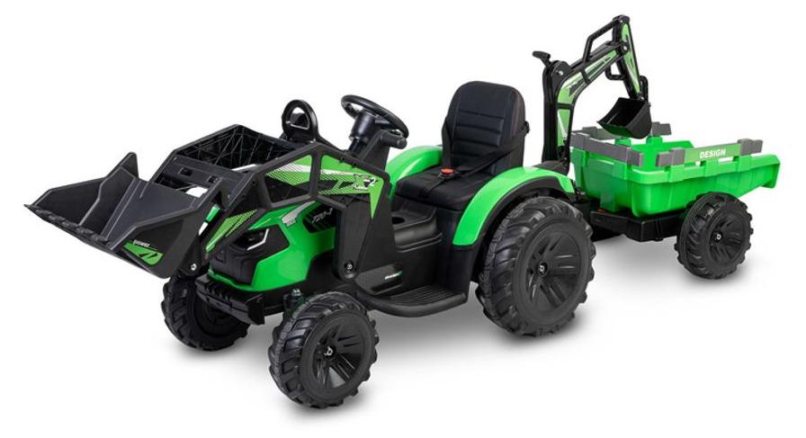 Hercules Elektro-Kindertraktor, grün, mit Frontlader, Baggerarm und Anhänger