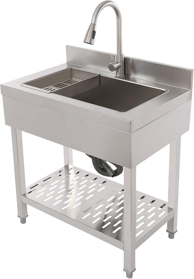 Edelstahl Spültisch Freistehende Spüle Gewerbliche Spüle Outdoor Küchenspüle mit Regal & Wasserhahn 75 × 50 × 90cm Gastrospüle Groß Spülbecken für Hinterhöfen, Garagen (Silber)