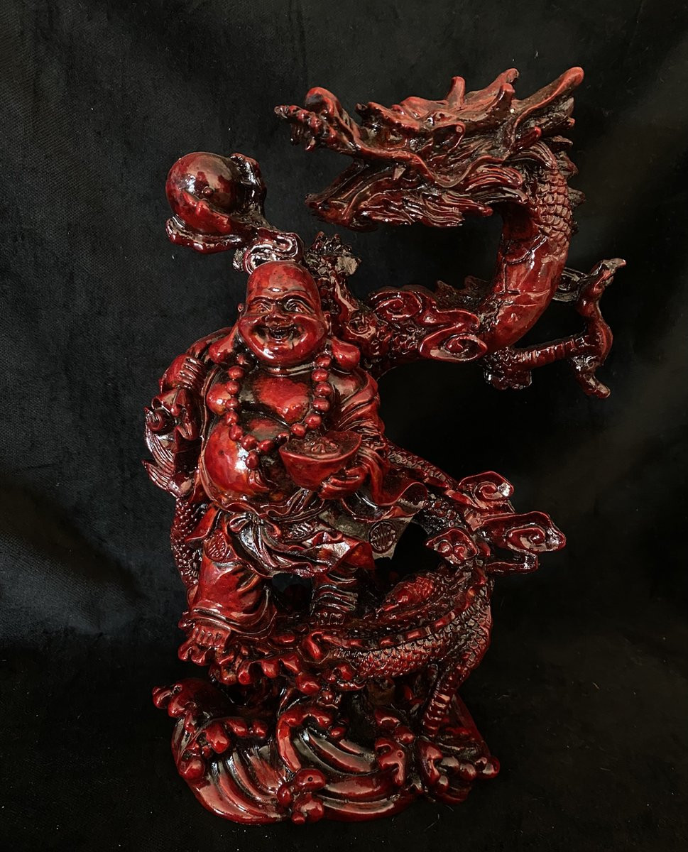 Vrolijke dikbuik Boeddha met draak Feng Shui decoratie, Hoogte: 24,5 cm