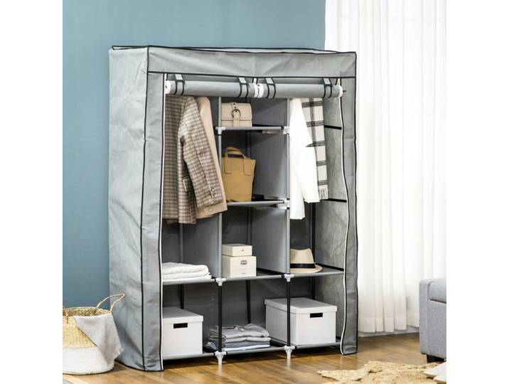Armoire en tissu grise avec 8 étagères et 2 tringles à vêtements solution de rangement