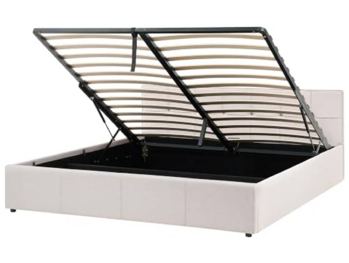 Beliani Bett mit Stauraum Hellbeige Stoff 180x200 Kopfteil Bettkasten Beige, Skandinavisch, Belastbarkeit 200 kg, 180 x 200 cm, 100% Polyester