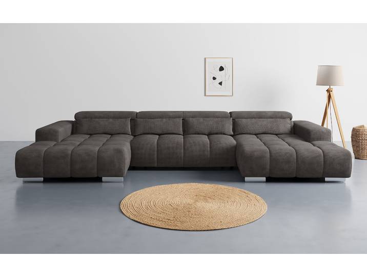Wohnlandschaft COTTA Orion U-Form, B: 400 cm , stone, B:400cm T:186cm, 96% POLYESTER (PES) 4% POLYAMID (PA), Sofas, Wohnlandschaft, Kopfteilverstellung & 4 Kissen, optional elektr. Sitztiefenverstellung