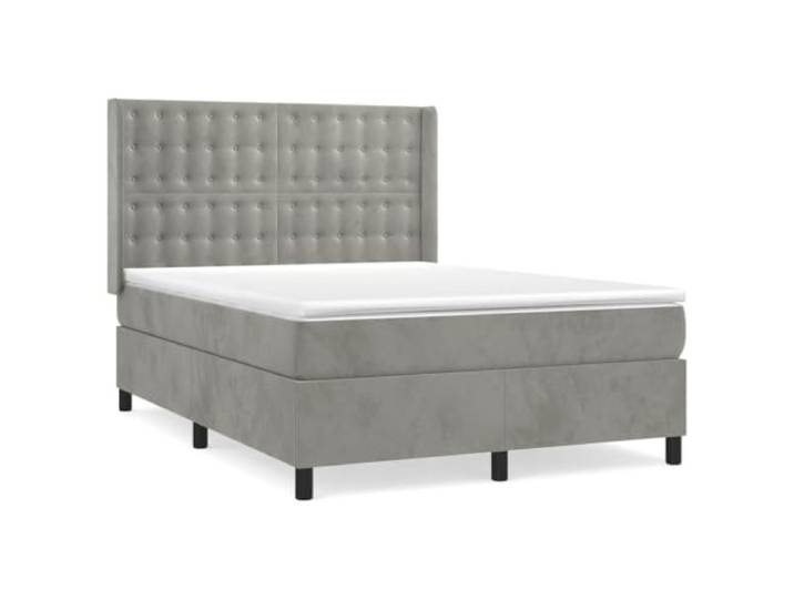 PUGYNBK Boxspringbett aus Samt, Hellgrau, 140 x 190 cm Verstellbares Kopfteil, Taschenfederkernmatratze, mittelharte Unterstützung, Hautfreundlicher Schutz