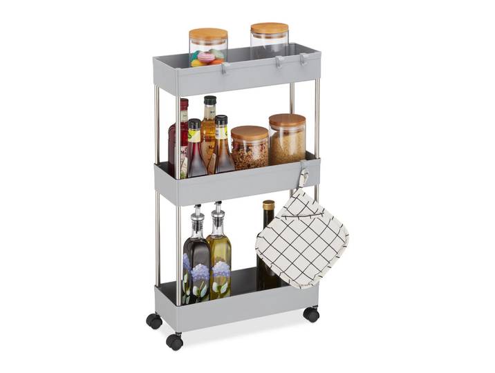 Relaxdays Rollwagen Grau 3 Ebenen 4 Haken, Metall, Kunststoff, 15.5x70x40.5 cm, Esszimmer, Servierwagen
