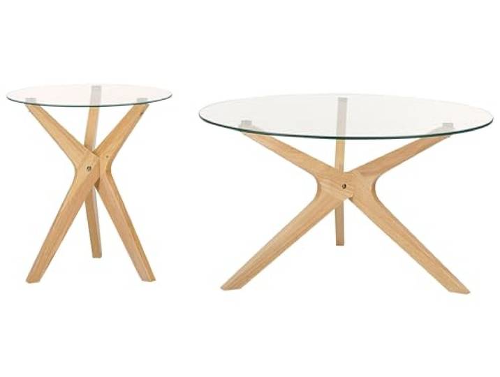 Beliani Couchtisch 2er Set Glas trasparent mit Holzbeinen Hellbraun rund modern Valley