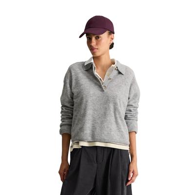 Langarm-Poloshirt MARC O'POLO DENIM, Damen, Gr. S, grau (stone melange), Strick, Obermaterial: 78% Schurwolle, 22% Polyamid, relaxed fit normal, Shirts, Strick, relaxed aus Bouclé-Garn, mit Schurwolle