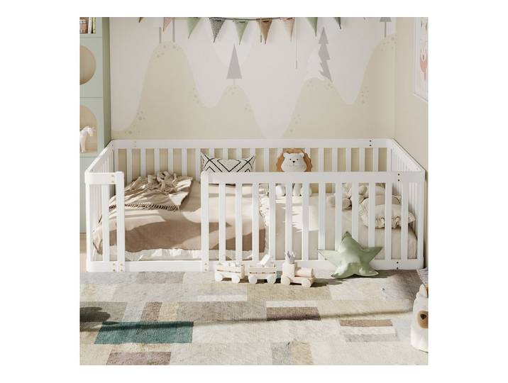 Odikalo Kinderbett Jugendbett 90x200 mit Schlaffunktion & Zaun (Holzbettgestell mit Zaun Sicherer Kinderschlafplatz mit Gitterzaun und Tür stabil und platzsparend ideal für Kinderzimmer)