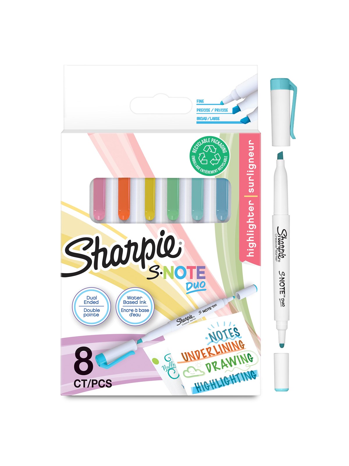 Sharpie S-Note Duo Textmarker | Kreativmarker in Pastelltönen mit beidseitiger Spitze | Patronen- und Keilspitze zum Markieren, Zeichnen, Schreiben und mehr | 8 Stück