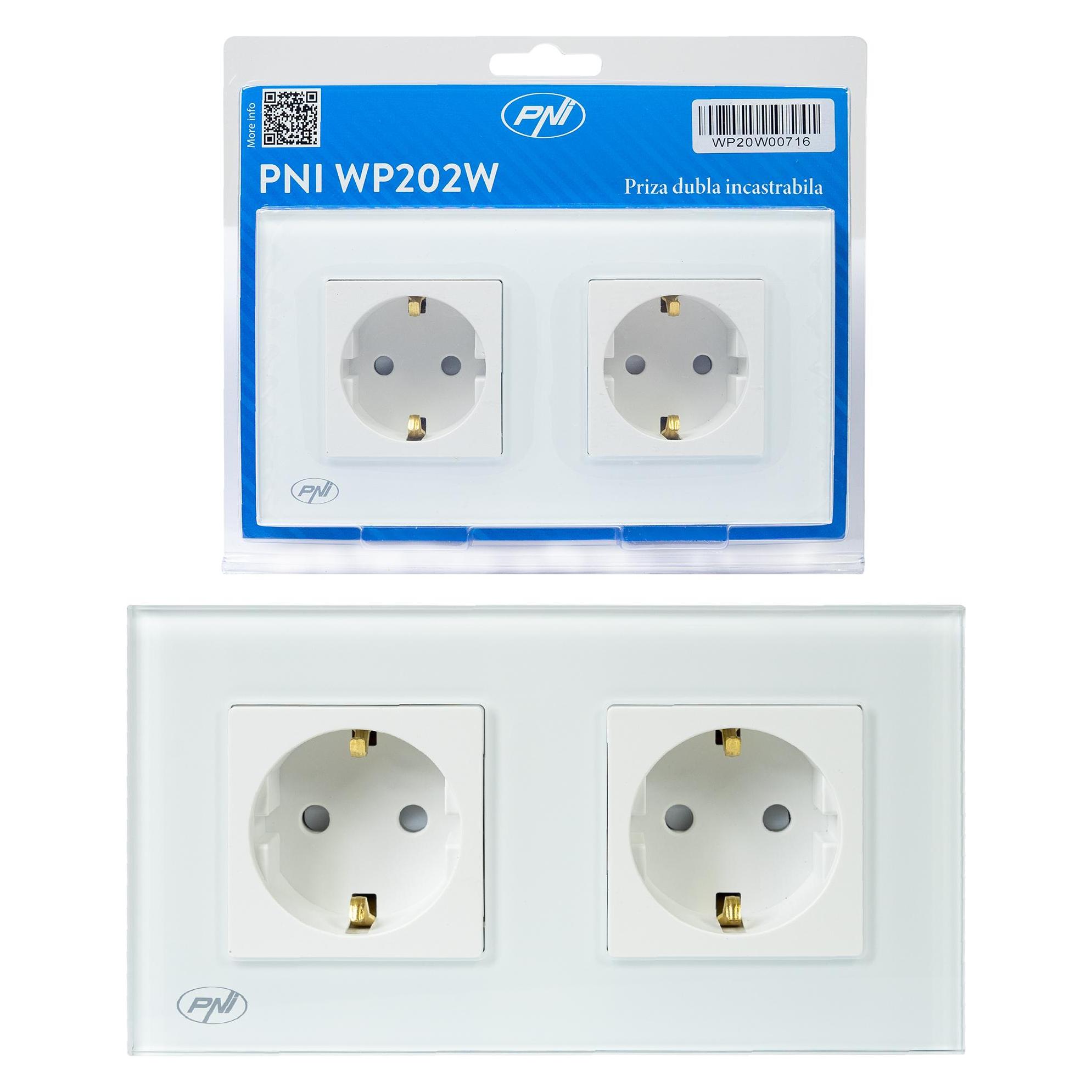 PNI WP202W Einbau-Doppelsteckdose, mit Glasrahmen, 16A, 2X3000W, 230V, weiss (43697930)