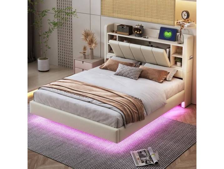 Lit flottant LED - Beige - 140x200cm - Tête de lit réversible - Rangement intégré - 2 places