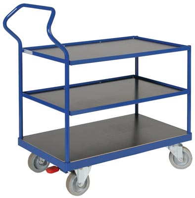 Protaurus ERGOTRUCK-Tischwagen mit 3 Ladeflächen und Schiebebügel 500kg Tragkraft 1000x600mm Bordleiste oben