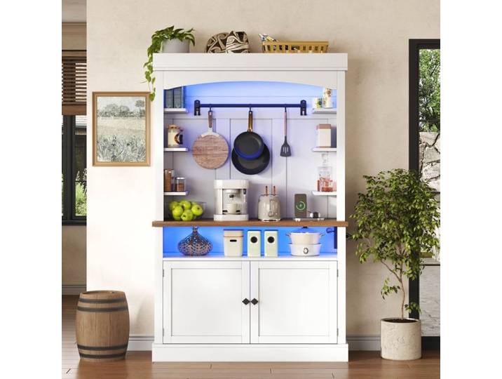 Armoire de Cuisine avec Éclairage LED et Prise Buffet Haut Meuble de Cuisine Haut avec Plan de Travail et Crochets 106x43x183cm