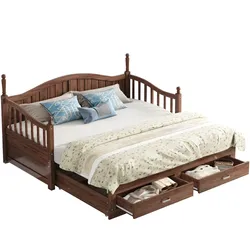 OKWISH Multifunktionales Schlafsofa 90×190 ausziehbar mit Schubladen, Massivholz, Kiefernholz, geschwungene Rückenlehne, römische Säulen, Nussbaum