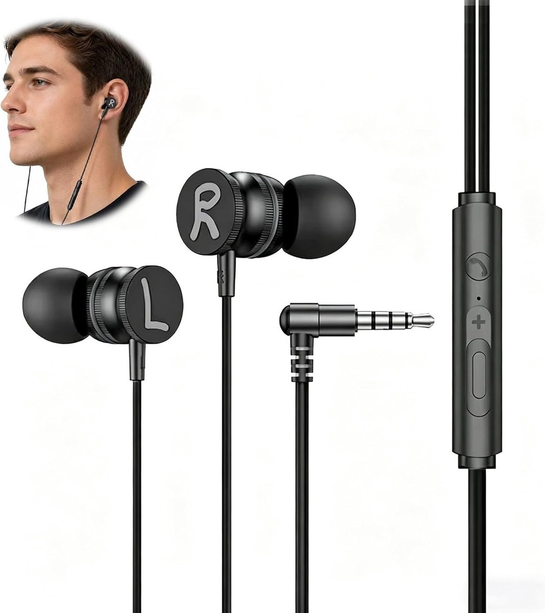 Bekabelde in-ear hoofdtelefoon met microfoon en geluidsafscherming, 3,5 mm jack, voor smartphones, tablets en laptops