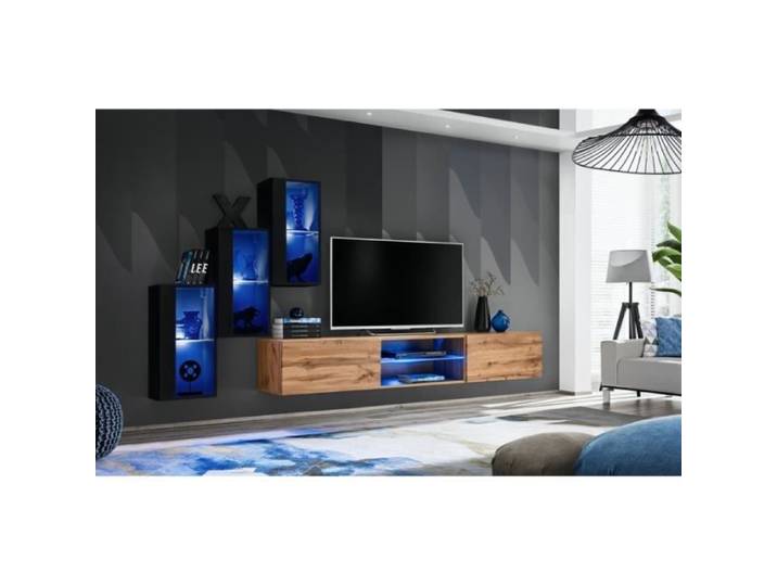 Meubles TV - ASM - Interrupteur mural XXII - Noir - 3x armoire suspendue - LED bleue