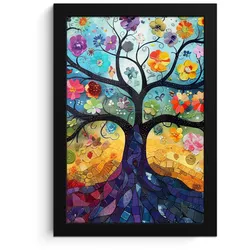 POSTER MIT RAHMEN Kunst - Baum des Lebens - Blumen - Hippie Poster 20x30 cm