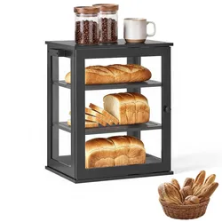 VEVOR Brotkasten mit 3 Ebenen 330 x 251 x 410 mm Brotbox Bambusholz Schwarz Ideal für Bagels & Muffins, mit Magnetverschluss, Seitenhaken, Rutschfestem Boden & 3-Stufig Höhenverstellbarem Einlegeboden