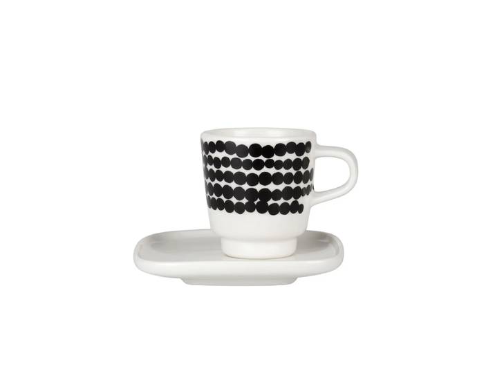Marimekko - Oiva Räsymatto Espressotasse mit Untertasse, weiss / schwarz
