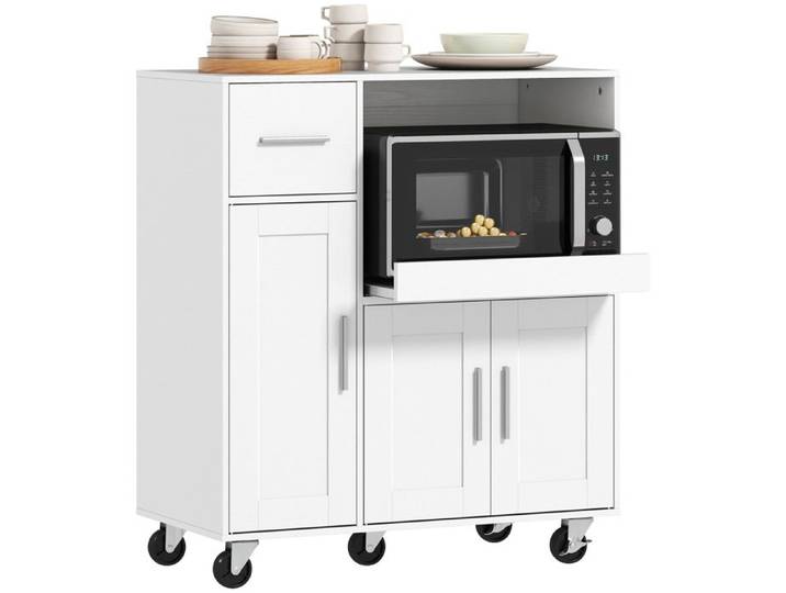 Desserte cuisine à roulettes - blanc meuble micro onde plateau coulissant tiroir placards 3 portes 80×40×88 7cm