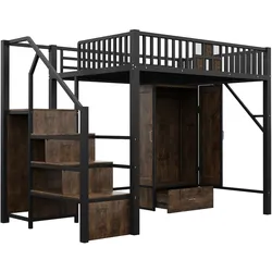 OKWISH Hochbett 140x200 mit Kleiderschrank Schublade Sicherheitsleiter Stauraum Metall Holz modern Geländer Schwarz