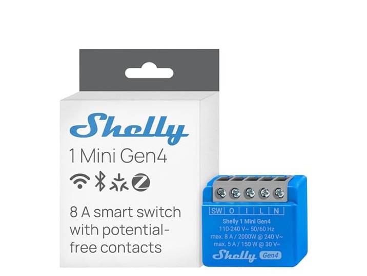 Shelly 1 Mini Gen4 - Micromodule interrupteur Matter\, Zigbee\, Wi-Fi\, 1 Canal 8A\, Contacts secs\, Ouvre-porte de garage connecté\, Contrôle app\, Compatible avec Apple Homekit\, Alexa\, Google\, SmartThings