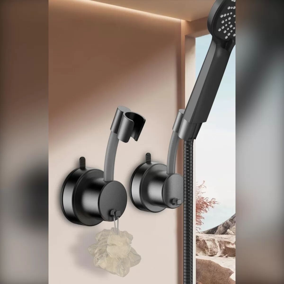 INF Support de pommeau de douche avec crochet (Lot de 2) - Support pivotant 720° argenté en ABS, double ventouse sans perçage Gris
