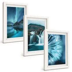 BILDER SET 3er Set - 20x30 cm Weißer Rahmen - Winterlandschaften mit Wasserfällen