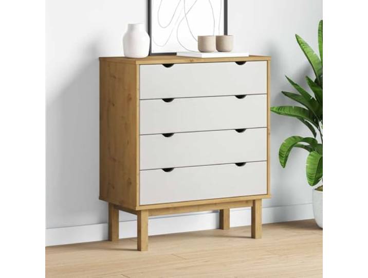 KFPOERTFGD Schubladenschrank OTTA Kommode aus massivem Kiefernholz, Skandinavisches Design mit 4 Schubladen, Braun & Weiß, 76,5x39,5x90 cm