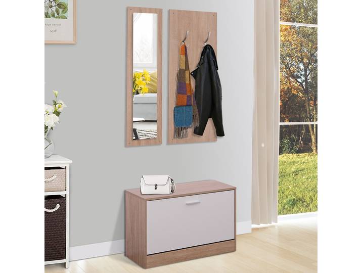 HOMCOM Ensemble de meubles d'entrée design contemporain : meuble chaussures, miroir et panneau porte-manteau patères double, triple coloris chêne clair blanc