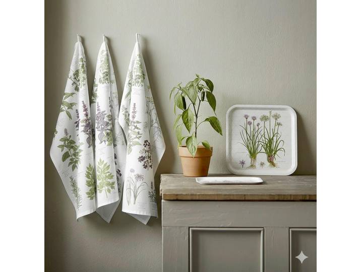 Geschirrtuch-Set Øko Herbs, Mehrfarbig, 3-teilig, Blume, 50x70 cm, Heimtextilien, Geschirrtücher & Schürzen, Geschirrtücher