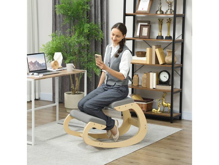 HOMCOM Chaise Ergonomique Inclinable Tissu Lin Bois Gris